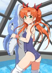  ass bead_bracelet beads blue_one-piece_swimsuit bow bracelet cowboy_shot doughnut_hair_bun female green_eyes hair_bun hairbow highres inflatable_dolphin inflatable_toy jewelry kyo9999 langrisser langrisser_iii long_hair looking_at_viewer one-piece_swimsuit orange_hair parted_lips pool red_bow rei_no_pool school_swimsuit solo standing swimsuit thighhighs tiaris_(langrisser) twintails white_thighhighs 