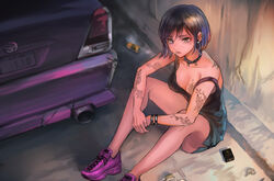  arm_tattoo black_collar black_hair black_shorts black_tank_top bob_cut breast_tattoo breasts can car cigarette cigarette_pack cleavage collar commentary earrings female jewelry large_breasts license_plate momo_hiki motor_vehicle original personification purple_footwear shoes short_hair shorts sitting sleeveless smoking sneakers solo tank_top tattoo toyota toyota_mark_ii vehicle_and_personification 