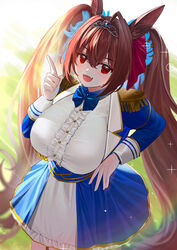  :d absurdres almn_sk animal_ears blue_bow blue_bowtie bow bowtie breasts daiwa_scarlet_(umamusume) epaulettes female hair_between_eyes hair_intakes hair_ribbon hand_on_own_hip highres horse_ears horse_girl huge_breasts index_finger_raised long_hair looking_at_viewer oerba_yun_fang open_mouth red_hair red_ribbon ribbon skin_fang smile solo tiara twintails umamusume uniform very_long_hair 