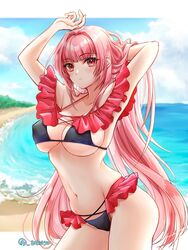  arm_behind_head armpits arms_up azur_lane beach bikini black_bikini breasts cleavage closed_mouth cloud collarbone cowboy_shot day expressionless female frilled_bikini frills hair_intakes long_hair looking_at_viewer navel off-shoulder_bikini off_shoulder official_alternate_costume pink_hair princeton_(azur_lane) princeton_(seaside_training)_(azur_lane) red_eyes sakurai_(skri_3527) sky solo standing swimsuit twitter_username 