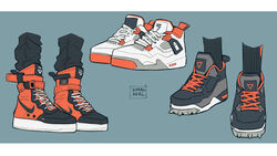  absurdres artist_name black_footwear blue_background commentary english_commentary footwear_focus from_above from_side high_tops highres letterboxed nike_(company) no_humans orange_footwear original platform_footwear sherl_merl shoelaces shoes signature simple_background sneakers still_life two-tone_footwear white_footwear 