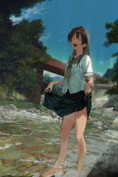  :d ^_^ absurdres barefoot breast_pocket bridge closed_eyes commentary day dripping female film_grain full_body hair_between_eyes highres laughing matsuura_kento nature open_mouth original outdoors pleated_skirt pocket railing river school_uniform serafuku shirt skirt skirt_hold smile solo standing tree wading water wet wet_clothes wet_shirt wet_skirt white_shirt 