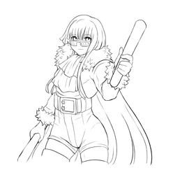  ascot belt blunt_bangs cape commentary countgate dual_wielding english_commentary female fur_cape genderswap_(mtf) glasses greyscale high-waist_shorts highres holding line_art monochrome mr_big_(snk) pretty_big rule_63 ryuuko_no_ken short_hair shorts solo stick the_king_of_fighters the_king_of_fighters_all-stars thighhighs 