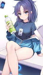  absurdres blue_archive blue_buruma blue_eyes blue_hair blue_jacket blue_shirt blush bottle breasts buruma commentary crossed_legs female gym_uniform halo highres jacket legs long_hair looking_at_viewer mechanical_halo off_shoulder open_clothes open_jacket shirt short_sleeves sitting smile solo thighs track_jacket water_bottle yuuka_(blue_archive) yuuka_(track)_(blue_archive) yuye 