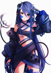  bandeau belt black_bandeau black_belt black_hair black_jacket black_skirt blue_belt blue_hair blush breasts brown_eyes can chest_belt cleavage collarbone commentary_request cowboy_shot curled_horns demon_girl demon_horns demon_tail female grey_horns hair_between_eyes hebiyoi_tier hebiyoi_tier_(1st_costume) highres holding holding_can horns jacket long_hair long_sleeves looking_at_viewer medium_breasts multicolored_hair nanashi_inc. navel off_shoulder open_clothes open_jacket open_mouth paint_on_clothes paint_on_fingers pointy_ears sidelocks simple_background skirt snake_bite solo spray_can sugar_lyric tail temari_maco two-tone_hair very_long_hair virtual_youtuber white_background 