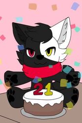  anonymous_artist anthro azki_(azki_wolf) black_body black_fur cake candle canid canine canis confetti dessert food fur heterochromia low_res mammal pawpads plushie red_scarf scarf simple_background solo white_body white_fur wolf 