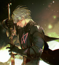  1boy aqua_hair arm_up armor black_cape blood blood_on_clothes blood_on_weapon byleth_(fire_emblem) byleth_(male)_(fire_emblem) cape closed_mouth fire_emblem fire_emblem:_three_houses gauntlets green_eyes haban_(haban35) highres holding holding_sword holding_weapon light_particles long_sleeves looking_away looking_down male_focus profile short_hair shoulder_armor solo sword sword_of_the_creator upper_body weapon 