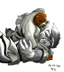  2013 anthro bear brown_body brown_fur canid canine canis clothing colored countershade_face countershade_snout countershading duo fight fur grey_body grey_fur japanese_text juuichi_mikazuki keikogi male mammal martial_arts_uniform morenatsu poge_jirushi simple_background snout sportswear tan_body tan_countershading tan_fur ten_kodori text white_background white_body white_clothing white_countershading white_fur wolf 