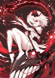  abyssal_ship ass bare_legs barefoot bright_pupils choker colored_skin corruption cuffs dress eye_trail feet female flower full_body hair_between_eyes hair_flower hair_ornament haoni highres kantai_collection legs_folded light_trail looking_at_viewer parted_lips red_eyes scythe sergestid_shrimp_in_tungkang shackles short_hair sitting solo toes torn_clothes torn_dress white_dress white_hair white_pupils white_skin xuan_ying 