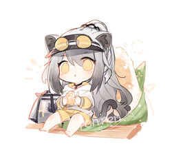  :t alternate_costume animal_ears arknights bag black_hat cat_ears cat_girl cat_tail chibi eating eyewear_on_headwear female food grey_hair hat highres hood hood_down hooded_jacket jacket jewelry long_hair long_sleeves looking_at_viewer necklace oversized_food oversized_object renren schwarz_(arknights) simple_background sitting skirt solo sunglasses tail tinted_eyewear visor_cap white_background white_jacket yellow-tinted_eyewear yellow_eyes yellow_skirt zongzi 