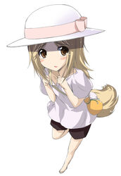  1boy androgynous blonde_hair blush brown_eyes hat kogitsune_(natsume_yuujinchou) lolicon male_focus natsume_yuujinchou painttool_sai_(medium) paw_pose pouch sandals shiwo shorts simple_background solo tail tears 