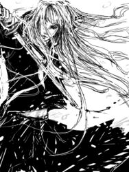  commentary_request female greyscale jian_(weapon) juuni_kokuki keart long_hair monochrome nakajima_youko school_uniform solo suiguutou_(juuni_kokuki) sword weapon 