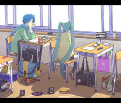  1boy aqua_hair bad_id bad_pixiv_id bag banana blue_eyes blue_hair blue_scarf book bottle box chair classroom crime_scene death desk eggplant female food fruit hair_ribbon hatsune_miku ice_cream indoors juice kaito_(vocaloid) katagiri letterboxed long_hair manga_(object) murder pencil pencil_case radio ribbon scarf school_desk shoes skirt socks spring_onion thighhighs twintails uwabaki vocaloid 