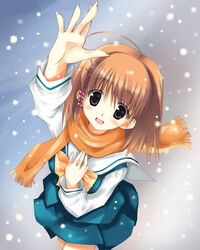  artist_request black_eyes blush bow brown_hair female foreshortening from_above hair_ornament kusari looking_up orihara_akeno photoshop_(medium) scarf school_uniform short_hair skirt smile snow solo source_request winter yellow_bow 