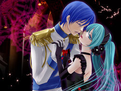  1boy aqua_eyes aqua_hair bad_id bad_pixiv_id black_dress blue_hair cendrillon_(vocaloid) closed_eyes dress earrings elbow_gloves female flower gloves hatsune_miku headband holding_hands interlocked_fingers jewelry kaito_(vocaloid) long_hair photoshop_(medium) rose twintails vocaloid you84 