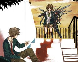  1boy bad_id bad_pixiv_id bandages blood brown_eyes brown_hair chise_(saishuu_heiki_kanojo) female glasses mechanical_wings miyano_a saishuu_heiki_kanojo school_uniform shuuji_(saishuu_heiki_kanojo) stairs wings 