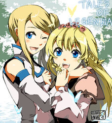  2girls bad_id bad_pixiv_id blonde_hair blue_eyes blush braid bug butterfly copyright_name detached_sleeves flower hair_ornament hantsuke_(koba_h) happy headband hug long_hair lowres multiple_girls one_eye_closed shirley_fennes siblings side_ponytail sisters smile stella_telmes tales_of_(series) tales_of_legendia 