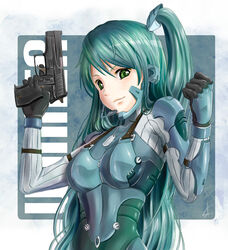  bodysuit commentary_request dog_tags female green_bodysuit green_eyes green_hair gun handgun headset long_hair one_side_up original poo_(saku) raised_eyebrow sig_p228/p229 sig_sauer signature solo weapon zipper 