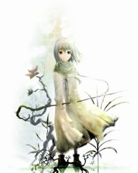  bad_id bad_pixiv_id braid female highres nature original plant robe short_hair smile solo staff white_hair yatsude 