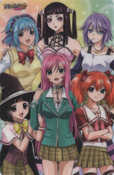  6+girls ahoge akashiya_moka bat_(animal) black_hair blazer blue_eyes blue_hair blush bob_cut breasts candy cape choker cleavage closed_eyes cover cross dvd_cover everyone flat_chest food fujita_mariko green_shirt grin hair_ornament hair_ribbon hat highres jacket kurono_kurumu large_breasts laughing lipstick lollipop long_hair makeup multiple_girls official_art one_eye_closed orange_hair photoshop_(medium) pink_eyes purple_eyes purple_hair ribbon rosario+vampire scan sendou_yukari shirayuki_mizore shirt short_hair shuzen_kokoa smile striped_clothes striped_thighhighs sweat sweater_vest thighhighs toujou_ruby twintails witch_hat 