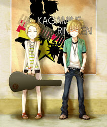  1boy alternate_hairstyle ariori_haberi bad_id bad_pixiv_id blonde_hair blue_eyes brother_and_sister casual closed_eyes female guitar_case hair_ornament hairclip hands_in_pockets instrument_case kagamine_len kagamine_rin miniskirt short_hair siblings skirt smile twins vocaloid 