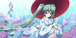  aqua_eyes aqua_hair blue_background blue_flower blue_kimono commentary_request dirty dirty_clothes female flower hatsune_miku holding holding_umbrella hydrangea japanese_clothes kimono long_hair minakami_nagara oil-paper_umbrella photoshop_(medium) purple_flower rain red_umbrella solo twintails umbrella very_long_hair vocaloid 