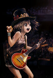  absurdres brown_eyes brown_hair commentary_request denim denim_shorts female guitar hair_ornament hairclip hat highres hirasawa_yui instrument jeli k-on! open_mouth plectrum round_teeth short_hair shorts solo teeth 