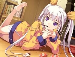  amakura barefoot feet female food game_cg hands leg_up long_hair lying oerba_yun_fang on_stomach pocky purple_eyes sachiko_(toppara) solo toppara twintails 