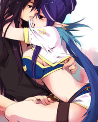  1boy bad_id bad_pixiv_id blue_hair blush breast_press breasts commentary_request couple female gloves hidaka_ryou highres hug judith_(tales) large_breasts long_hair midriff pointy_ears purple_hair red_eyes sitting sitting_on_lap sitting_on_person straight tales_of_(series) tales_of_vesperia thigh_strap thighs tongue twintails very_long_hair white_gloves yuri_lowell 