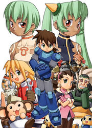  4girls 5boys :d animal armor artist_request bare_shoulders barrell_caskett_(mega_man) beard birdbot_(mega_man) blonde_hair bodysuit bola_(mega_man) bon_bonne_(mega_man) brown_hair cannon crossed_arms crotch_plate dark_skin data_(mega_man) earrings facial_hair flower_in_mouth glyde_(mega_man) goggles green_eyes green_hair grey_hair hairband hat holding horns jewelry klaymoor_(mega_man) leotard long_hair looking_at_viewer mega_man_(series) mega_man_legends_(series) mega_man_legends_2 mega_man_volnutt monkey mouth_hold multiple_boys multiple_girls no_headwear open_mouth pantyhose red_eyes robot roll_caskett_(mega_man) sera_(mega_man) servbot_(mega_man) short_hair simple_background smile tattoo teisel_bonne_(mega_man) tron_bonne_(mega_man) twintails uniform unworn_hat unworn_headwear very_long_hair vest white_background yuna_(mega_man) 