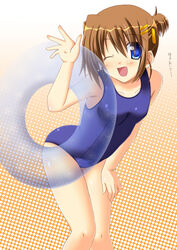  alternate_hairstyle blue_eyes brown_hair commentary_request female hair_ornament hairclip innertube lask leaning_forward lyrical_nanoha mahou_shoujo_lyrical_nanoha_strikers one-piece_swimsuit one_eye_closed ponytail school_swimsuit short_hair solo swim_ring swimsuit waving yagami_hayate 