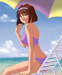  beach brown_eyes brown_hair chair day female k-ma kanzaki_sumire lowres mole mole_under_eye sakura_taisen short_hair solo swimsuit umbrella 