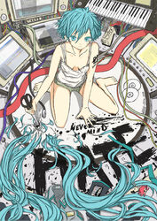  alternate_hair_length alternate_hairstyle angry arakawa_(aintnoroom) bad_id bad_pixiv_id bare_shoulders barefoot blue_eyes blue_hair breasts cameo charm_(object) cleavage cutting_hair cutting_own_hair female frown hatsune_miku heartbreak_haircut highres instrument keyboard_(instrument) kneeling medium_breasts megurine_luka monitor multiple_monitors sad scissors severed_hair short_hair solo takoluka tears vocaloid 