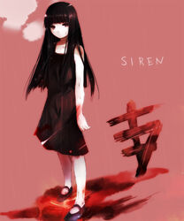  aquamarine black_dress black_hair blind blood blunt_bangs commentary_request dress female kajiro_miyako long_hair mary_janes photoshop_(medium) red_eyes shoes siren_(series) siren_1 solo 