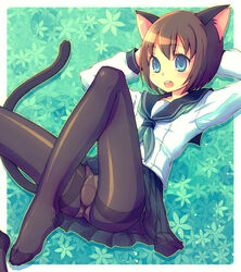  animal_ears blue_eyes brown_hair cat_ears commentary_request feet female kimarin no_shoes original panties panties_under_pantyhose pantyhose school_uniform serafuku short_hair solo tail thighband_pantyhose underwear upskirt white_panties 