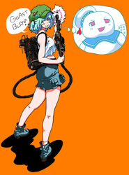  blue_eyes blue_hair commentary_request donald_duck_sailor_hat english_text engrish_text female ghostbusters hair_bobbles hair_ornament hat karaagetarou kawashiro_nitori kneepits miniskirt parody photoshop_(medium) proton_pack ranguage short_hair skirt solo stay_puft touhou twintails yukkuri_shiteitte_ne 