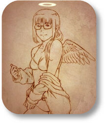  aaru_sentou_shuudan angel bare_shoulders bikini brown_theme cardigan female glasses haibane_renmei halo kuramori_(haibane) long_hair monochrome rounded_corners solo swimsuit wings 