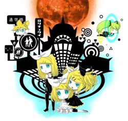  1boy 4girls blonde_hair blue_eyes chibi commentary_request d_(pixiv544157) dress elbow_gloves gloves green_eyes green_hair hair_ornament hair_ribbon hairclip hatsune_miku hatsune_miku_(roshin_yuukai/nitamagomix) kagamine_len kagamine_rin kagamine_rin_(roshin_yuukai) kagamine_rin_(roshin_yuukai/hard_rkmix) multiple_girls multiple_persona ribbon roshin_yuukai_(vocaloid) thighhighs twintails vocaloid 