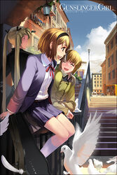  3girls ^_^ alphonse_(white_datura) bird blonde_hair bob_cut closed_eyes copyright_name dove feathers from_behind gunslinger_girl hairband henrietta_(gunslinger_girl) instrument_case laughing long_hair multiple_girls open_mouth photoshop_(medium) profile ribbon rico_(gunslinger_girl) short_hair skirt smile triela twintails 