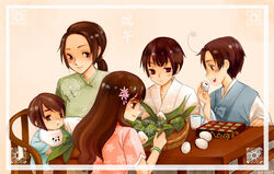  4boys axis_powers_hetalia baby basket bib blush bracelet brown_eyes brown_hair chair china_(hetalia) chinese_clothes commentary_request cup eating egg expressionless female food food_request highres hong_kong_(hetalia) indoors japan_(hetalia) japanese_clothes jewelry kimono kodomo_no_hi korea_(hetalia) korean_clothes leaf long_hair multiple_boys open_mouth photoshop_(medium) plant profile short_hair shuguangshehoumen smile table taiwan_(hetalia) upper_body zongzi 