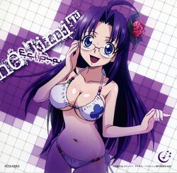  :d adjusting_eyewear ahoge album_cover artist_request basquash! bikini blue_eyes blush body_blush breasts cleavage cover female fingernails flower glasses hair_flower hair_ornament highres large_breasts long_hair navel open_mouth purple_hair side-tie_bikini_bottom smile solo swimsuit thigh_gap underboob violette_(basquash) 