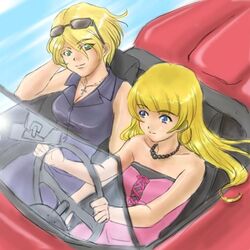  2girls bad_link blonde_hair blue_eyes car car_interior casual convertible earrings eyewear_on_head green_eyes hutoshi_akira jewelry left-hand_drive long_hair lowres maria_tachibana motor_vehicle multiple_girls ratchet_altair sakura_taisen sakura_taisen_v short_hair smile sunglasses 