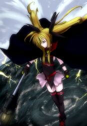  bardiche_(device_form)_(nanoha) bardiche_(nanoha) blonde_hair choker commentary_request fate_testarossa fate_testarossa_(original_form) female gloves hair_ribbon kozzy.ta long_hair lyrical_nanoha mahou_shoujo_lyrical_nanoha red_eyes ribbon skirt solo thighhighs twintails zettai_ryouiki 