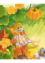  bad_id bad_pixiv_id barefoot blue_eyes commentary_request copyright_request female food fruit hood lololo orange_(fruit) pumpkin solo 