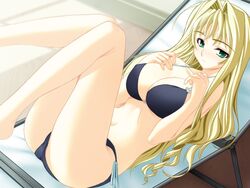  anettai_chuuihou!? bikini black_bikini blonde_hair chair female furuno_masashi game_cg green_eyes imageboard_desourced long_hair lounge_chair lying minami_makina mizushiro_takuya non-web_source on_back solo swimsuit 