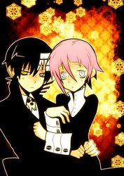  1boy 1other bad_source crona_(soul_eater) death_the_kid grey_eyes hug imawano_lem pink_hair soul_eater yellow_eyes 