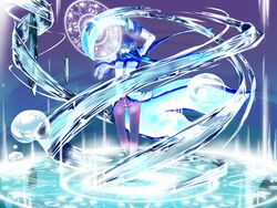  1boy blue_hair blue_scarf bubble closed_eyes commentary_request crystal floating kaito_(vocaloid) magic magic_circle male_focus scarf scimitar solo standing standing_on_liquid sword tokino_hitonatsu vocaloid water weapon 