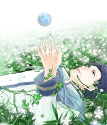  1boy bad_id bad_pixiv_id blue_eyes blue_hair field flower flower_field grass hands headset kaito_(vocaloid) lying male_focus on_back planet scarf solo tamago_kakeouji vocaloid water 