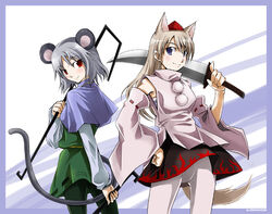  2girls alternate_hairstyle animal_ears artist_request black_pantyhose border cosplay eila_ilmatar_juutilainen fox_ears fox_girl fox_tail inubashiri_momiji inubashiri_momiji_(cosplay) long_hair multiple_girls nazrin nazrin_(cosplay) pantyhose photoshop_(medium) sanya_v._litvyak source_request strike_witches sword tail touhou weapon world_witches_series 