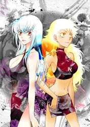  2girls bad_id bad_pixiv_id bare_shoulders breasts bug butterfly cleavage colorful dress flower ink inugami_hatsune jewelry large_breasts lips lipstick long_hair makeup mamiya_t midriff multicolored_hair multiple_girls navel necklace orange_eyes side_slit silhouette skirt sleeveless sleeveless_turtleneck tsubomi_fujiko turtleneck very_long_hair yellow_eyes zettai_karen_children 